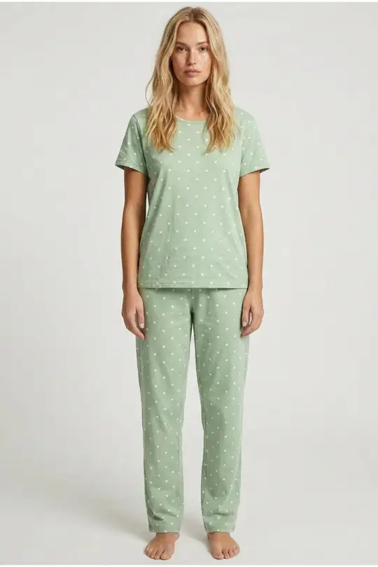 Pamuklu Örme Pijama Takımı 8025 - mint yeşil beyaz