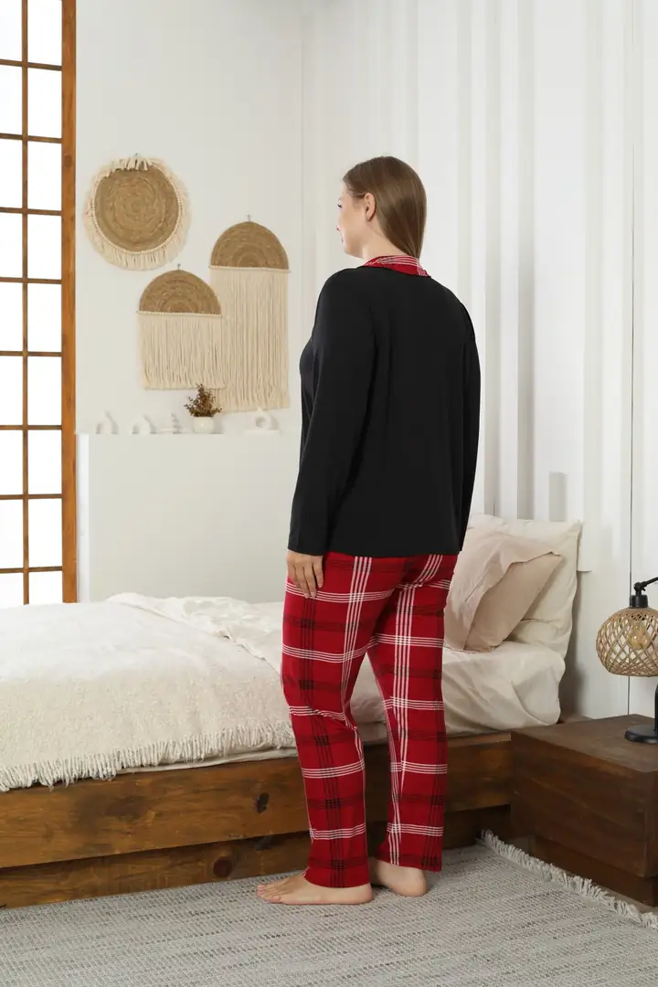 Büyük Beden Battal Boy Gömlek Yaka Düğmeli Milan Örme Pijama Takım 25224306-Siyah Desenli