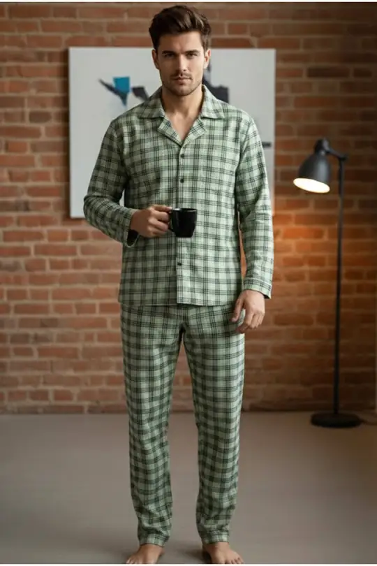 Erkek Ekoseli %100 Pamuklu Örme Düğmeli Pijama Takım 7985 - yeşil ekose